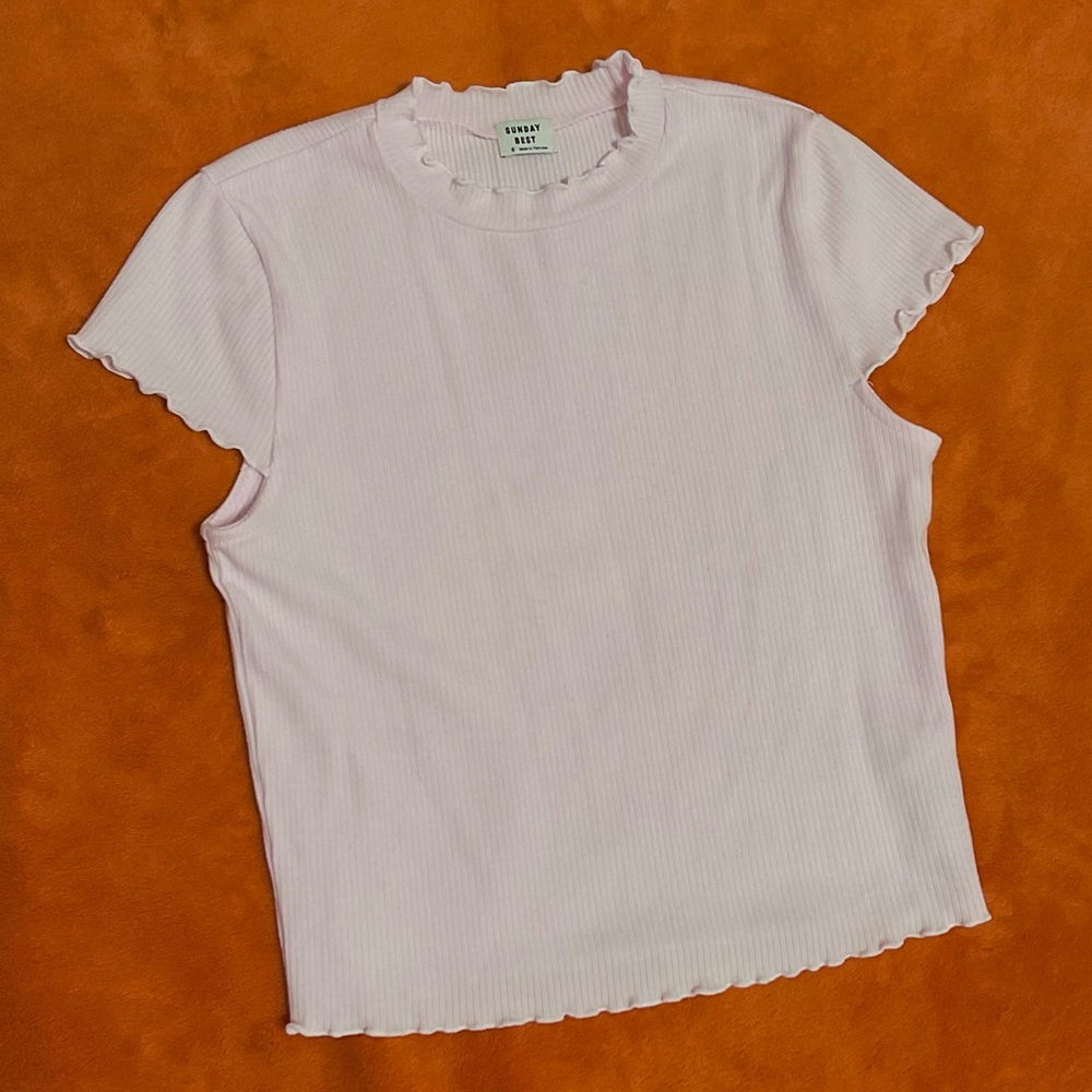 SUNDAY BEST pink lettuce edge cap sleeve tshirt S